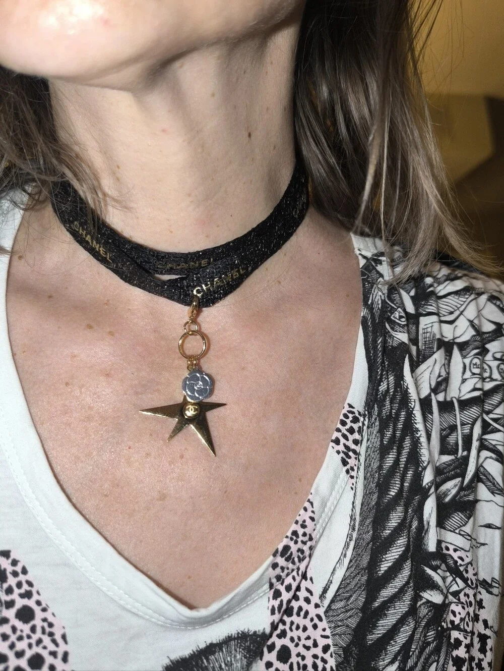 Chanel Comete Star Camelia Charm On Limited  Edition Ribbon Necklace Choker